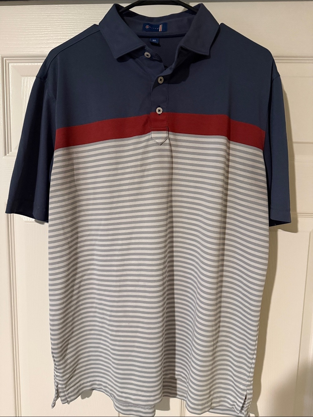 Men's Stitch Navy Polo with Red Band and Light Gray Stripes - Performance Polo
